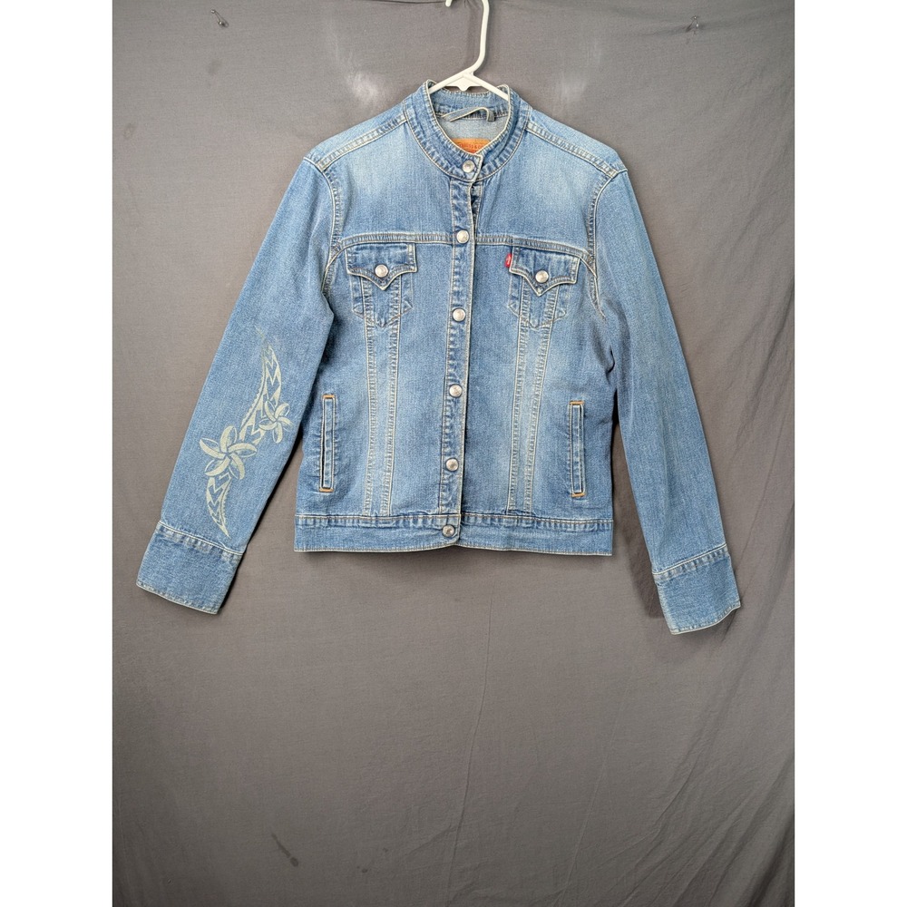 Levis Womens Blue Floral Graphic Denim Trucker Jacket Large